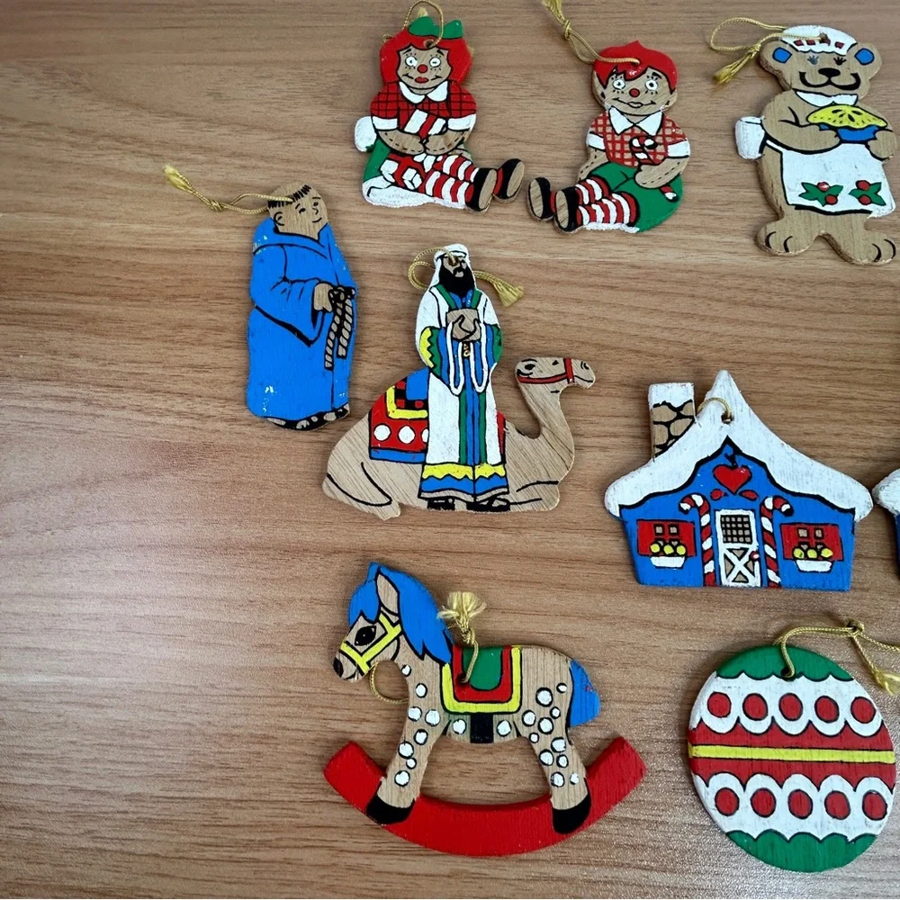 Lot Of 26 Vintage Wooden Christmas Ornaments Hand Painted Double Sided